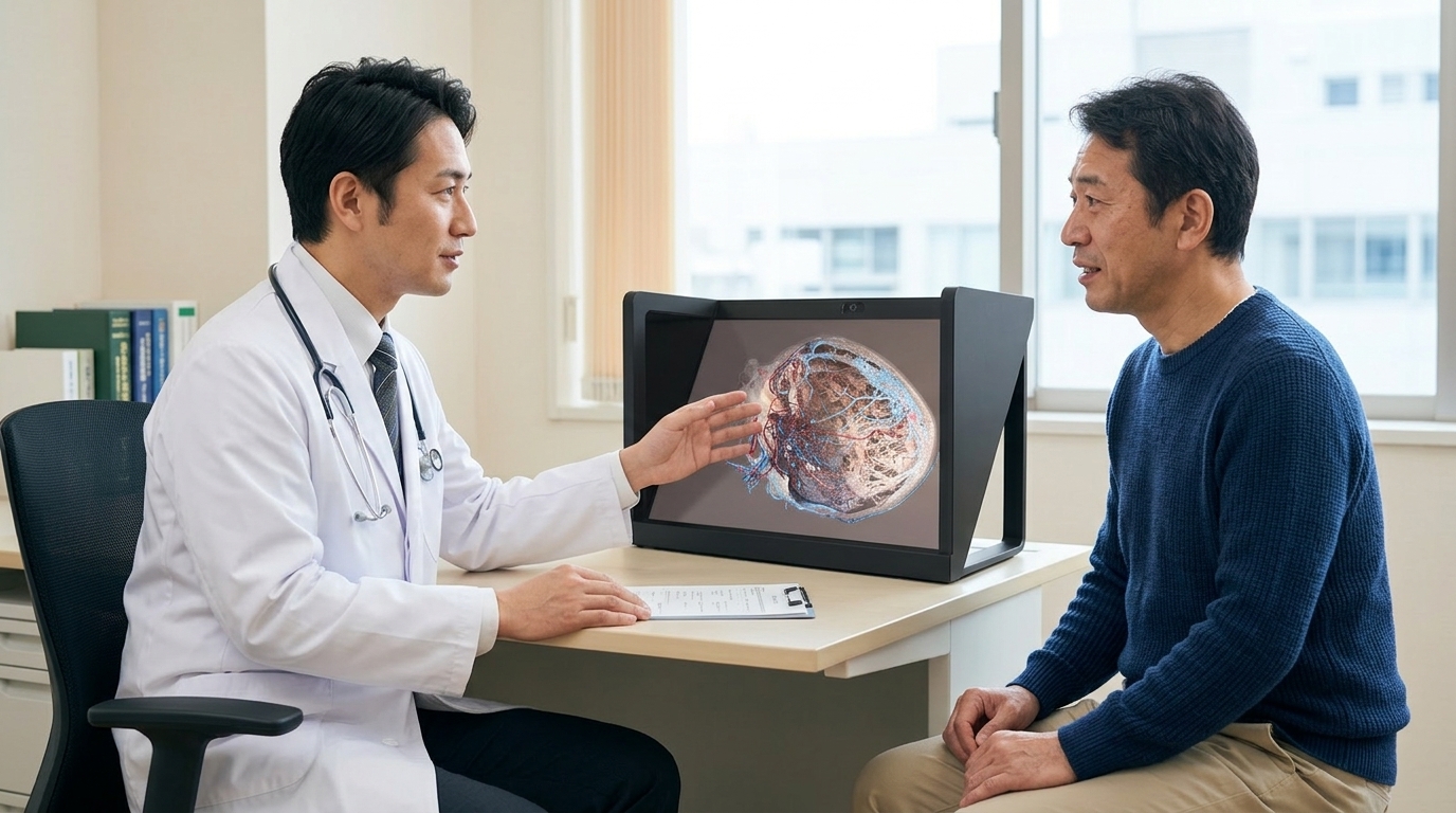 医師が3D血管モデルを示しながら患者に病態を説明しているイラスト