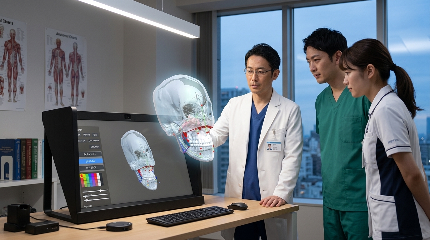 術前計画で患者固有の3D骨格モデルを SR Display 上で検討するイラスト